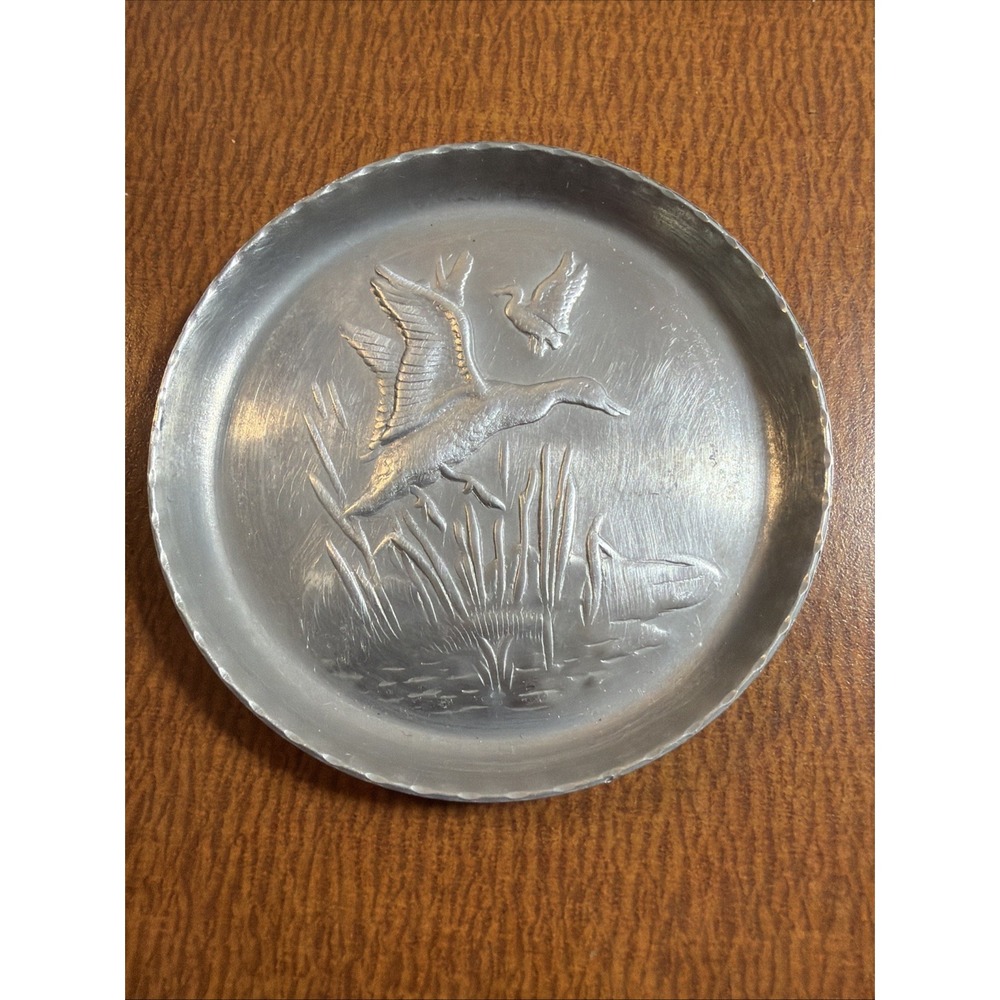 Vintage Aluminum Coaster Duck & Cattails Reeds Embossed Design